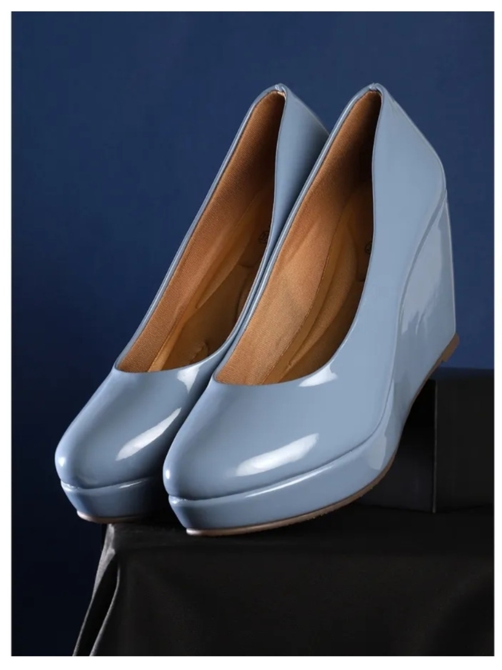 Sleek Light Blue Patent Wedge Pumps